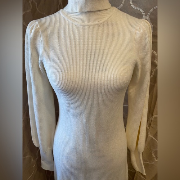 Soft & Cozy Ivory Cream Boston Proper Turtleneck Balloon Sleeve Sweater Dress - Picture 3 of 13